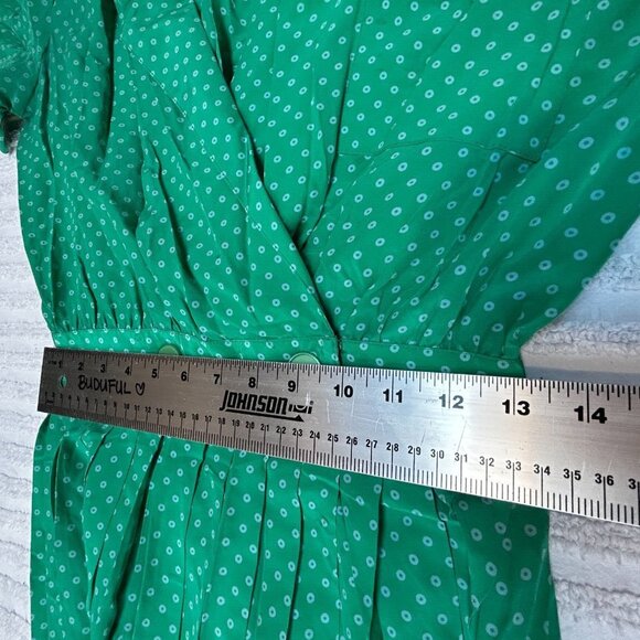 Nordstrom Point Of View Vintage Green Polka Dot Silk Pleated Faux Wrap Dress 8 - Picture 7 of 9